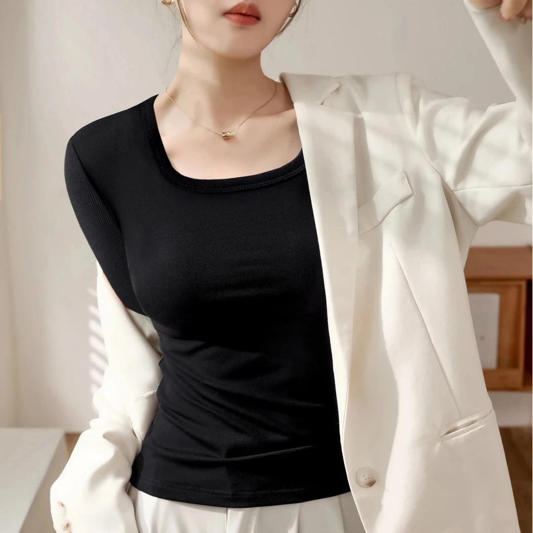 百搭螺纹方领中袖打底衫上衣服女内搭修身T恤显瘦气质五分袖洋气