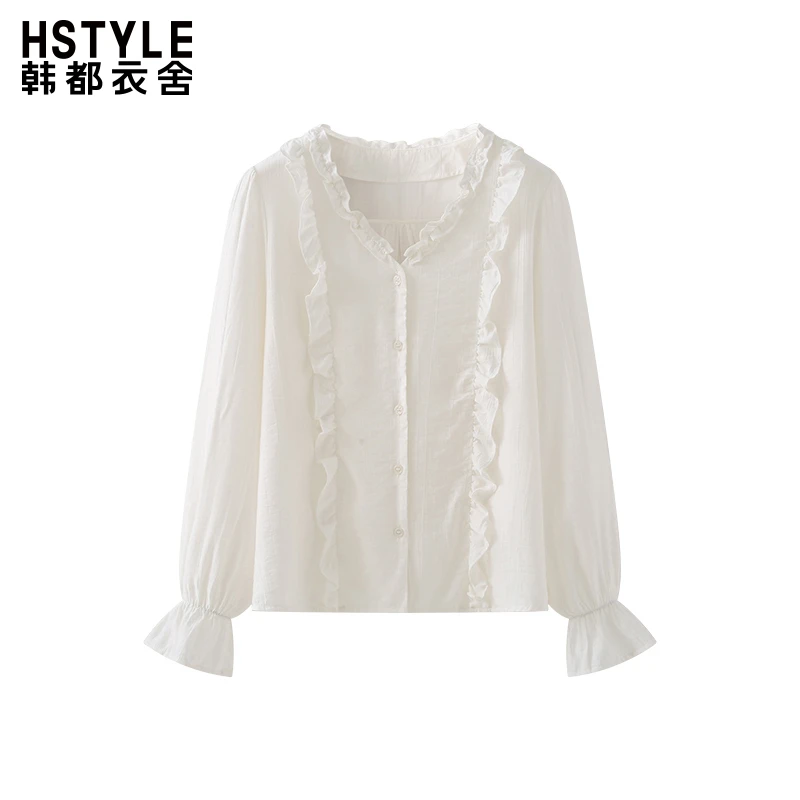 韩都衣舍法式白色甜美减龄高级感V领木耳边长袖小衫女气质衬衫春