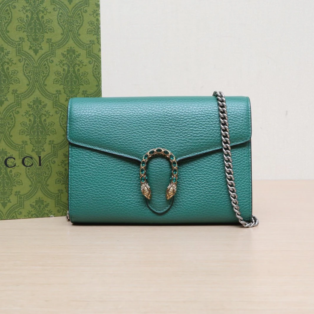99新 GUCCI/古驰 【娇活动】 酒神 Woc 钻扣 绿色 皮革C 071112