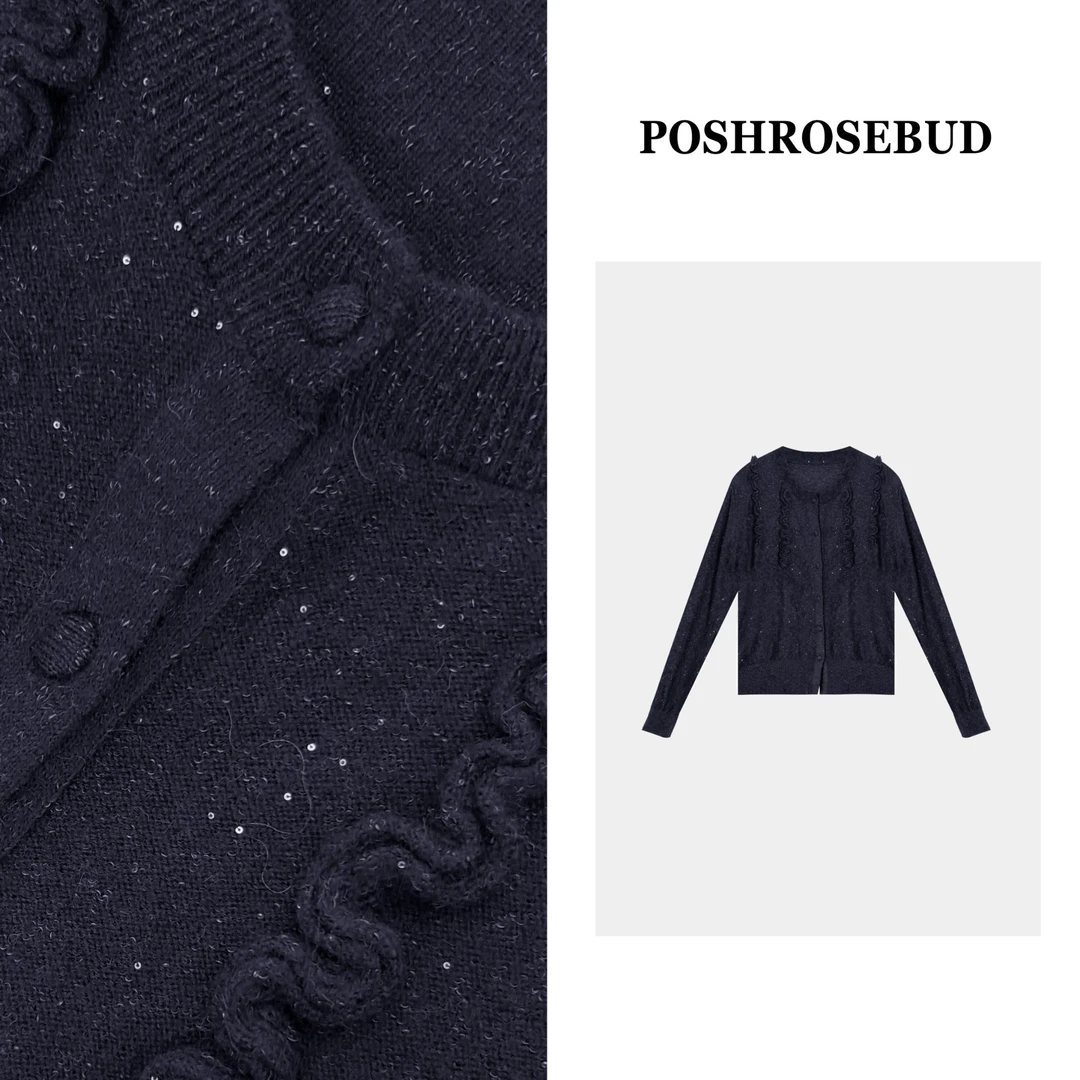 POSHROSEBUD设计师秋季绵羊毛细闪木耳花边时尚百搭针织衫-259619