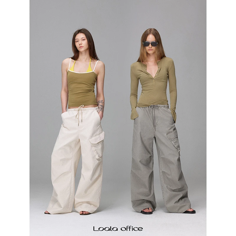 Loala office 水洗宽松抽绳直筒阔腿中低腰工装裤