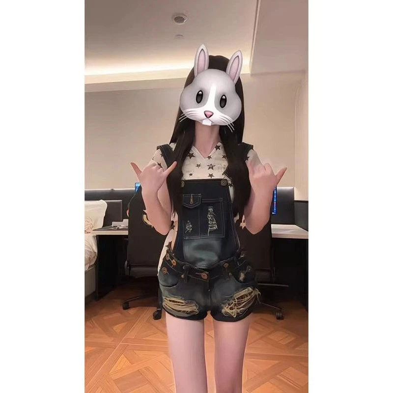 做旧水洗磨破连体牛仔超短裤女欧美式辣妹a字显瘦包臀背带短裤子