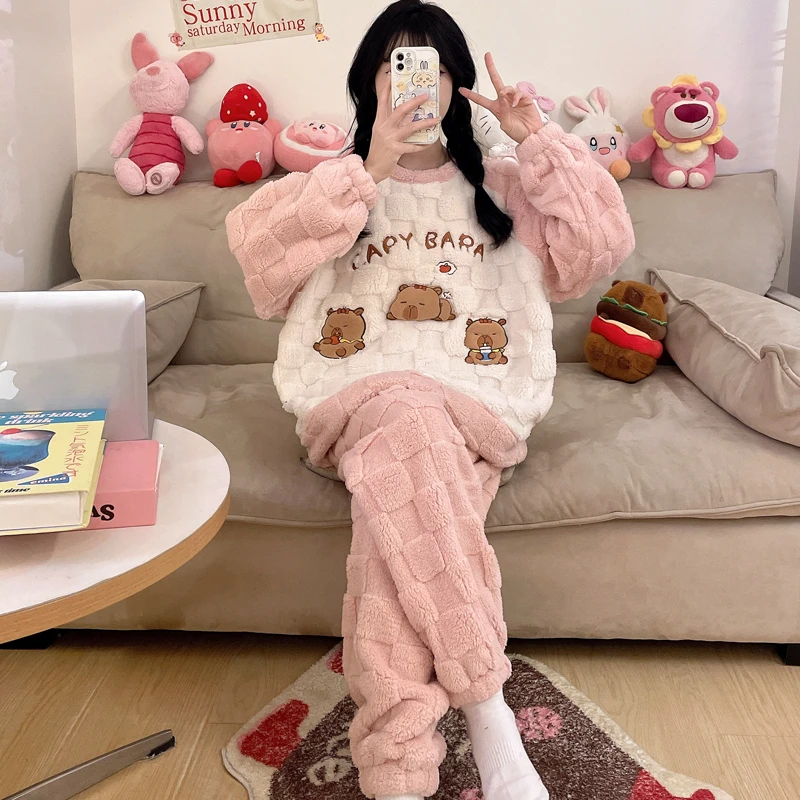 『粉白巴拉』圆领套头秋冬绒款卡通睡衣少女保暖加厚舒适甜美家居服