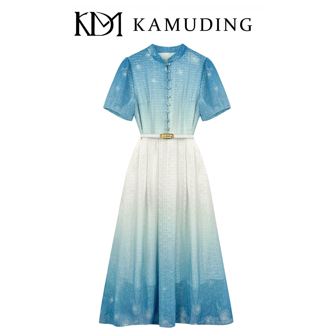 KAMUDING2025新款法式复古蓝白渐变晕染印花气质收腰连衣裙8783