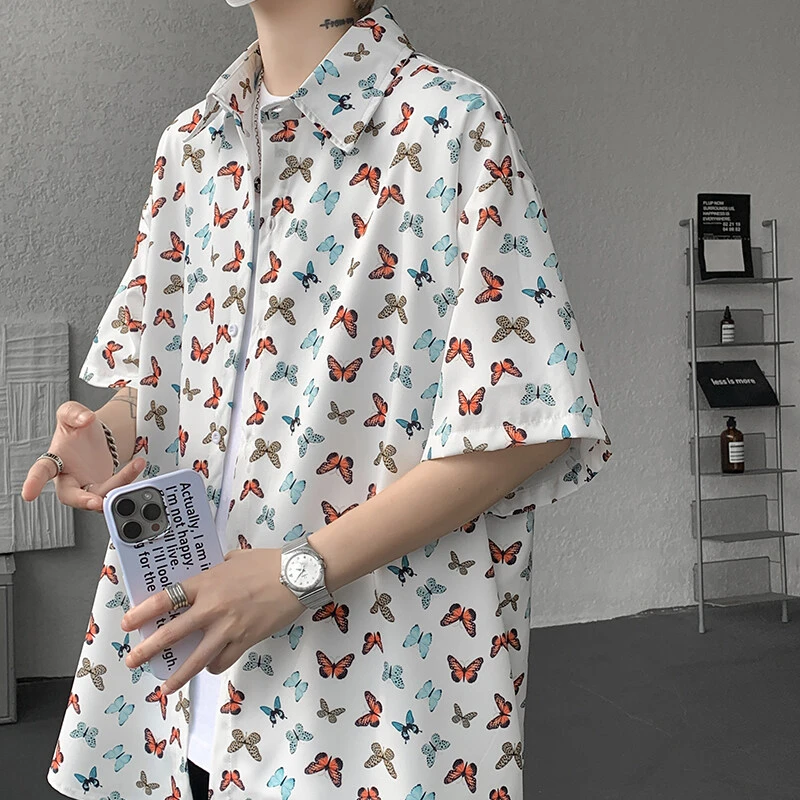 夏季印花薄款冰丝衬衫宽松型五分袖学生短袖休闲宽松大码衬衣外套