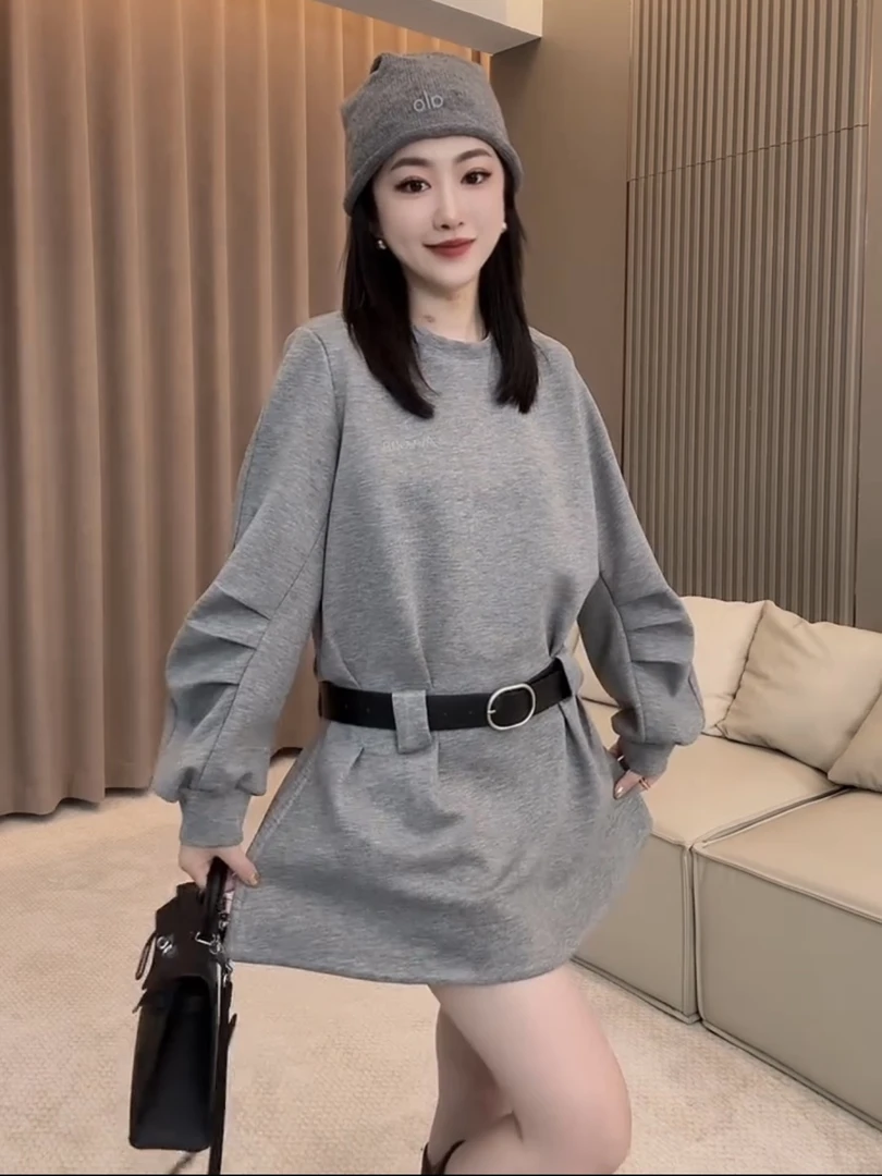 欧货2025新款时尚设计感配腰带卫衣裙女气质收腰显瘦长袖连衣裙潮