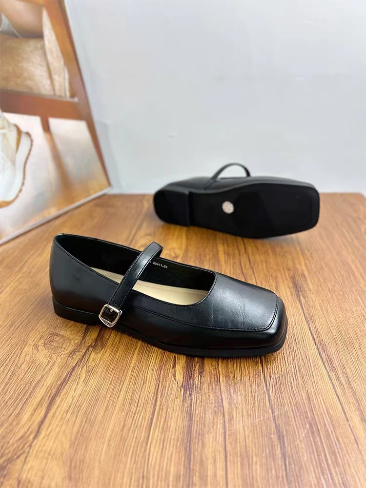 真皮软底平跟浅口修面皮防水台圆头单鞋皮鞋方头低跟平底鞋