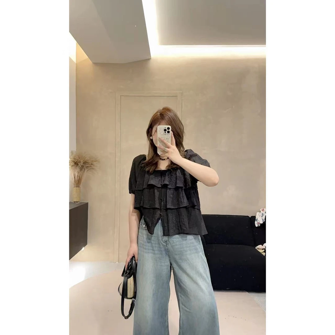 晶咕【公主小妹】三层肌理感前开扣短袖小衫显瘦时尚夏季宽松