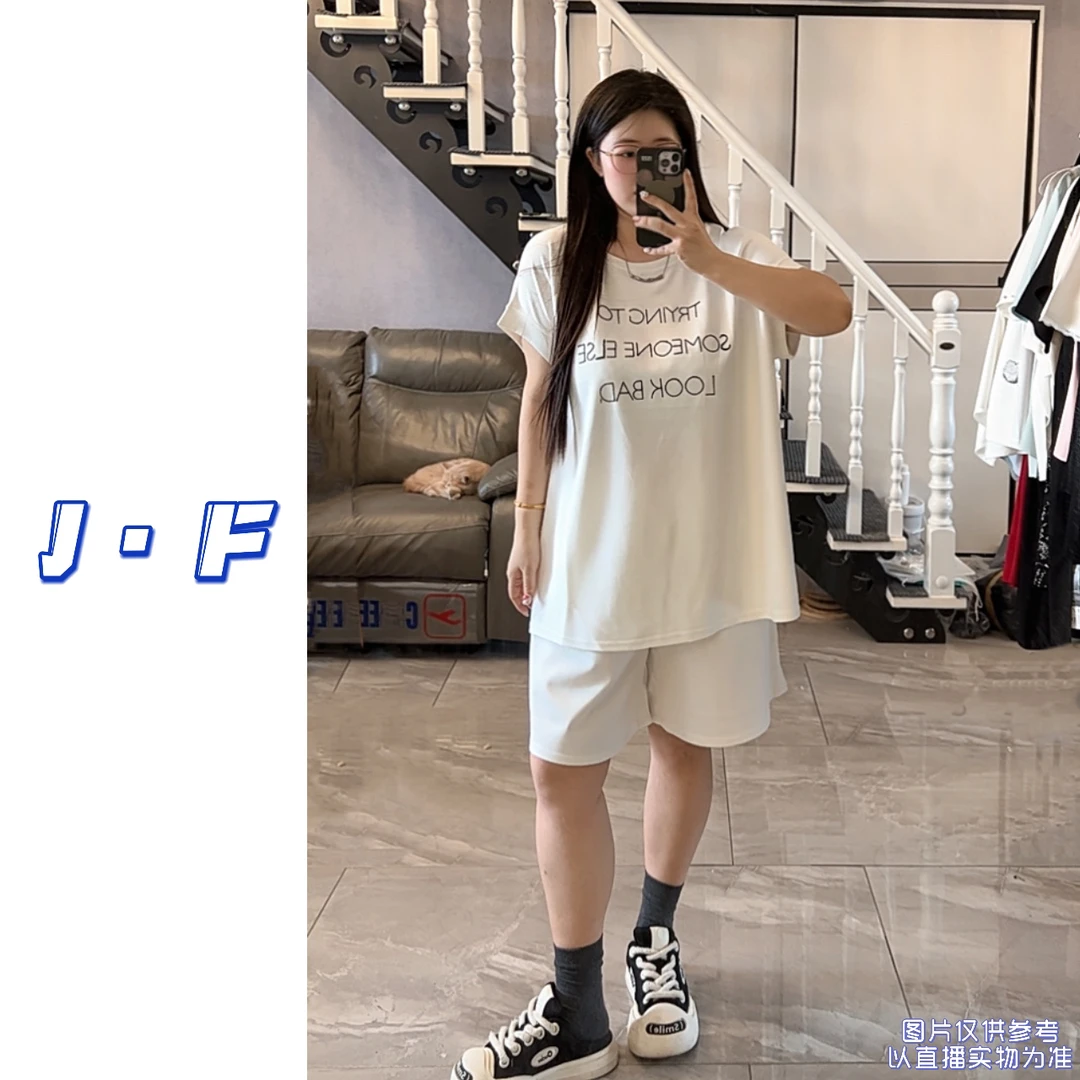 JF定制大码8805韩版刺绣字母后背蕾丝镂空上衣短裤套装大码250斤