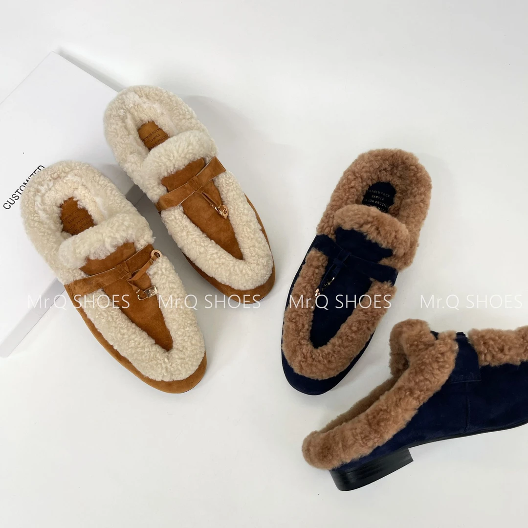 34-40码/跟高1.5cm/棕藏青/设计感小众圆头羊毛包头拖鞋穆勒鞋