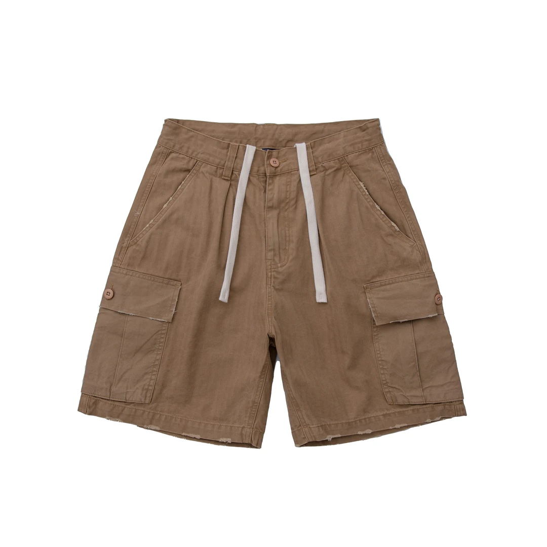 REKNAT 日系水洗纯棉水洗磨边做旧人字纹短裤夏季工装短裤2171