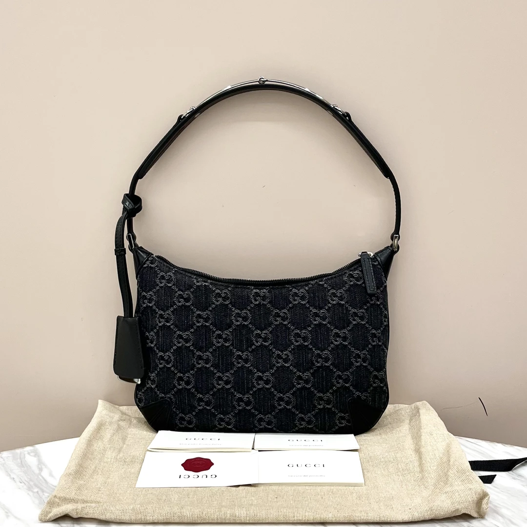 未使用 GUCCI/古驰 1955黑色丹宁牛仔腋下包 尺寸约25*15