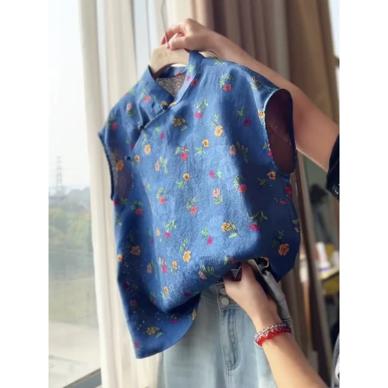 新中式复古休闲碎花盘扣短袖2025新款高级别致气质小众百搭T恤衫