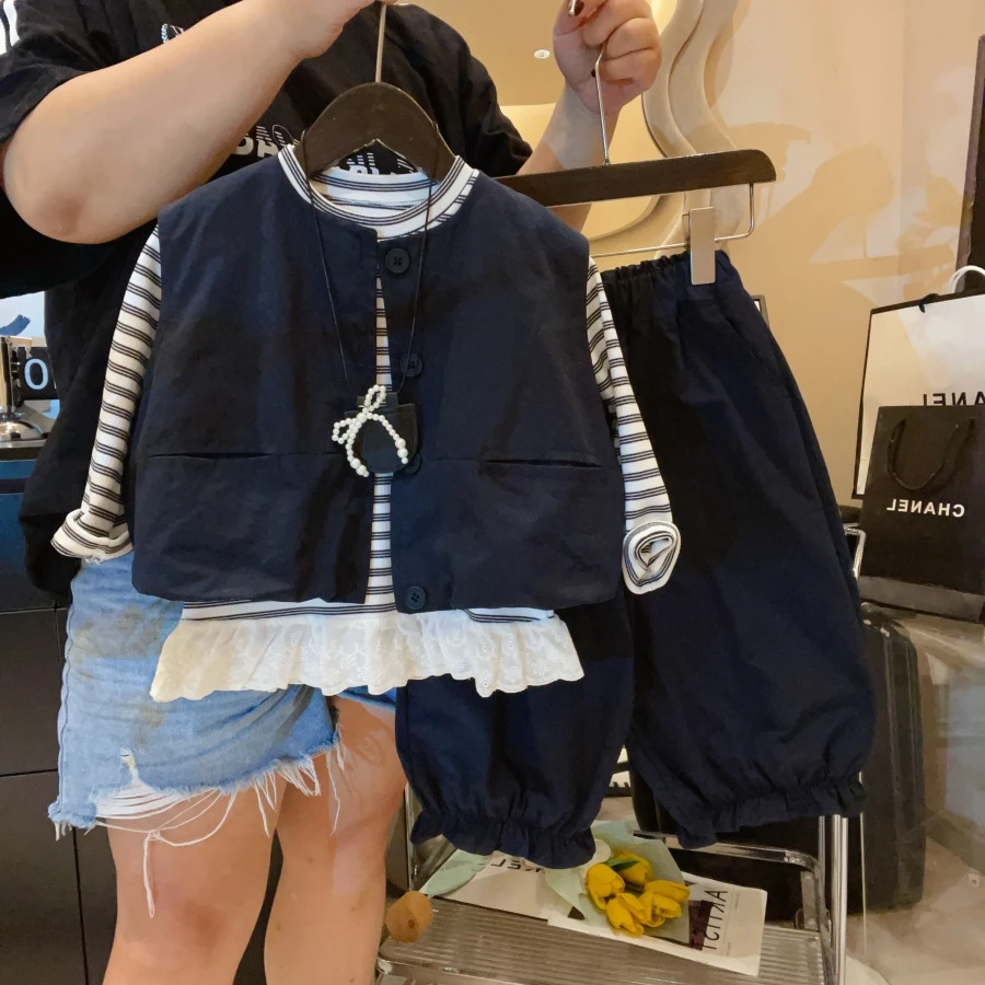 HHkids女童工装马甲三件套2025新款洋气休闲运动条纹套装ATZ015