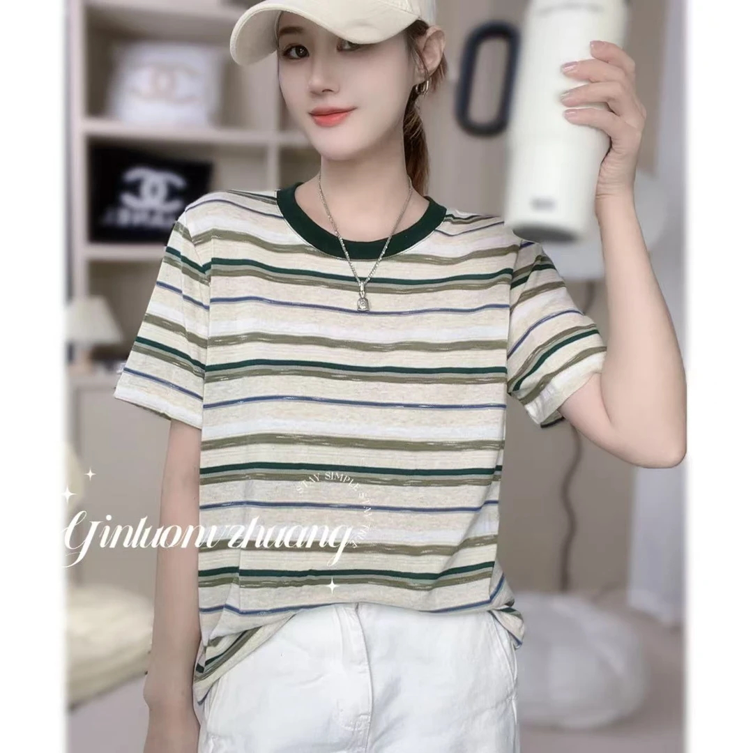 巨显白撞色圆领竹节棉条纹T恤女短袖夏季宽松显瘦气质正肩休闲3