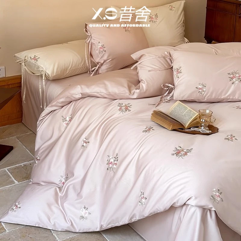 少女心花卉刺绣100S长绒棉四件套全棉纯棉被套贡缎四季床上用品