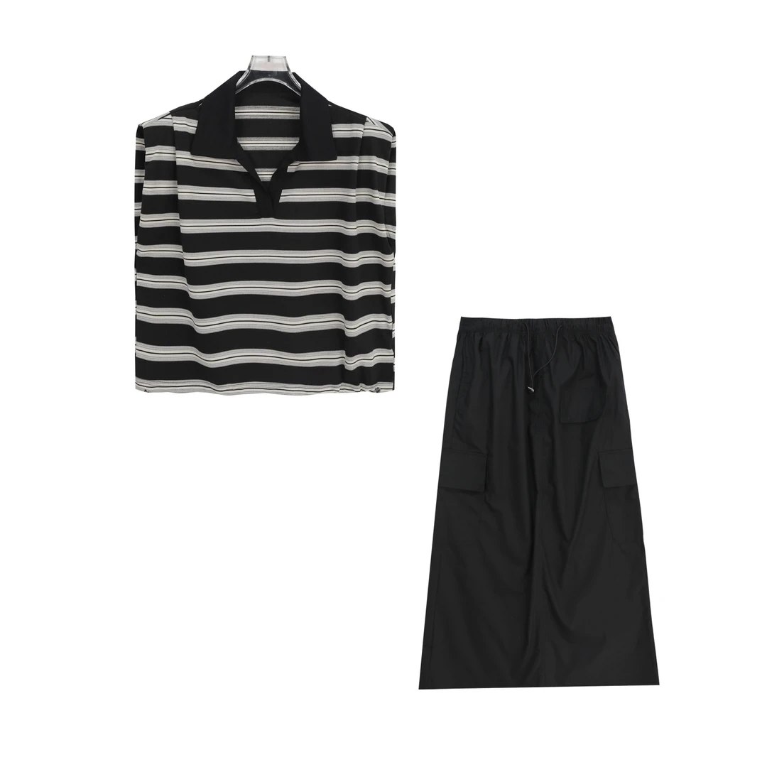 时尚休闲套裙新款PoIo领垫肩无袖条纹上衣+工装半身裙X26792