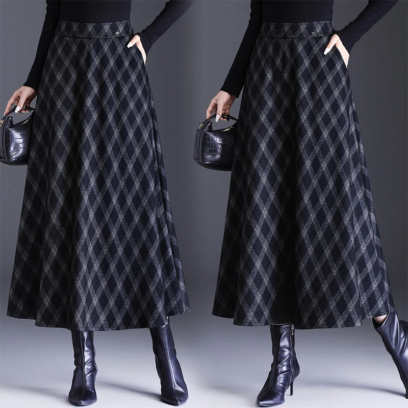 格子毛呢半身裙女秋冬新款遮胯显瘦裙子冬裙a字长裙大摆半裙