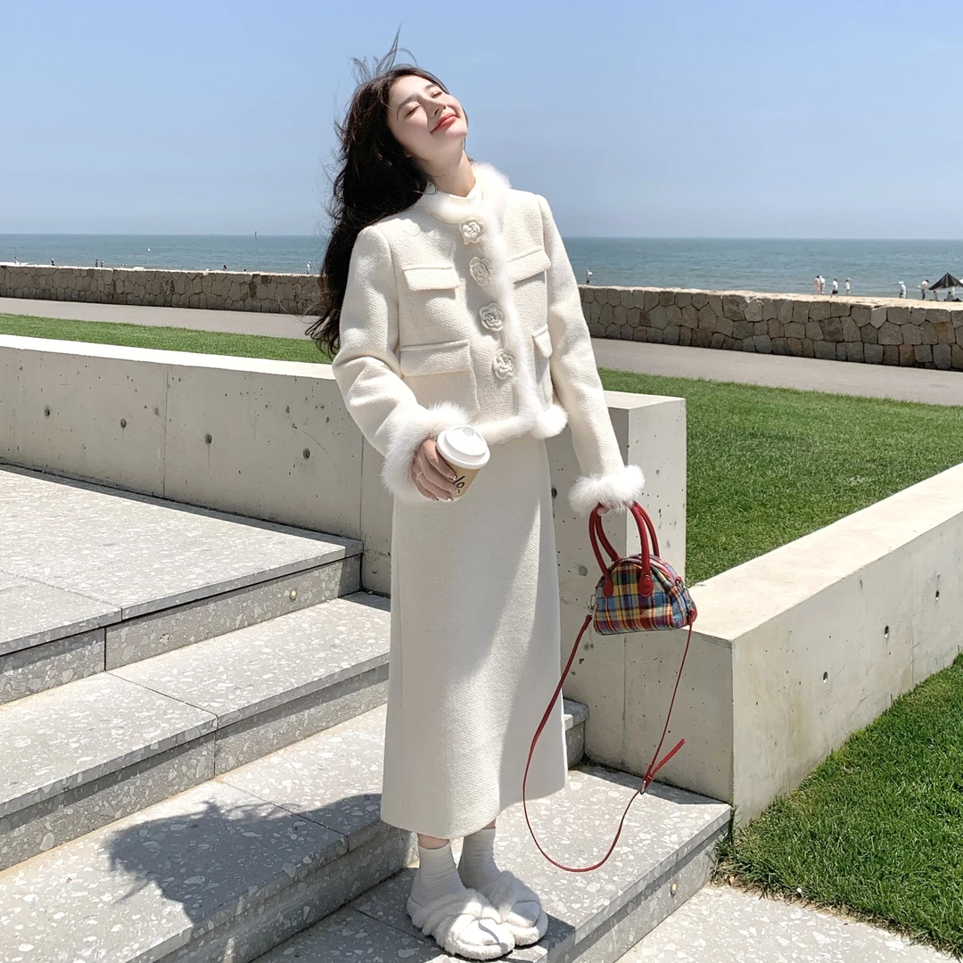 立体钩花小香风毛呢套装裙女2025冬季法式气质名媛羽绒内胆两件套