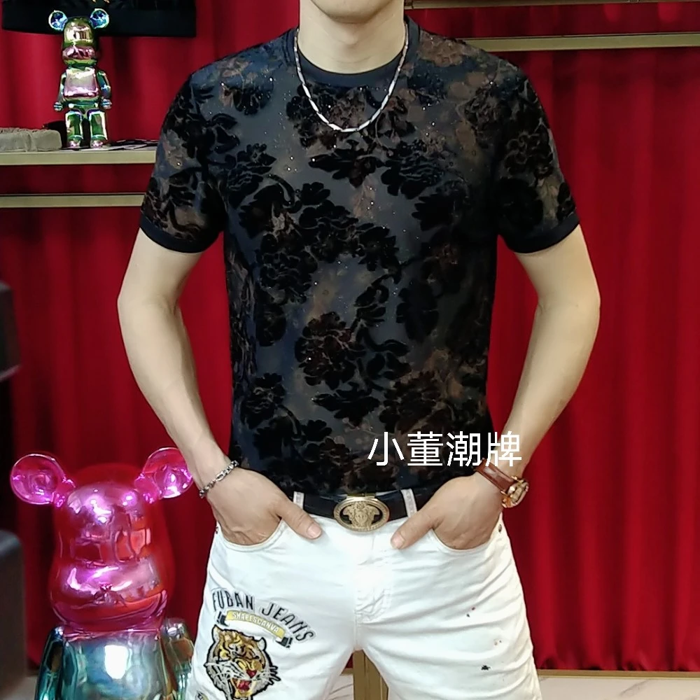 2025夏季男士新款时尚轻奢植绒提花圆领T恤百搭修身帅气冰丝短袖