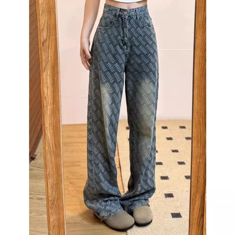 复古字母印花设计感牛仔裤提花2025秋季时尚宽松显瘦阔腿直筒长裤
