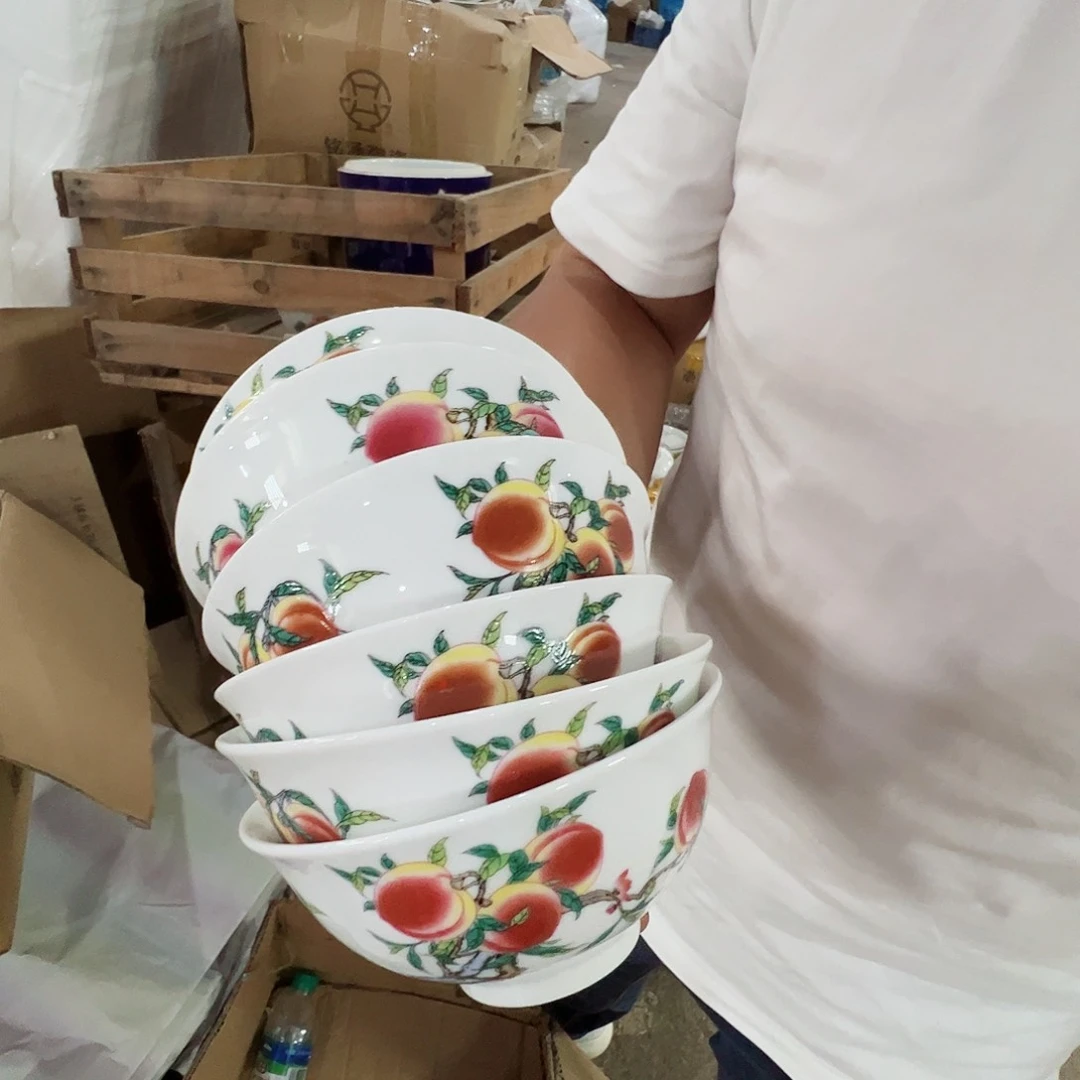 瓷片景德镇陶瓷粉桃米饭碗6只