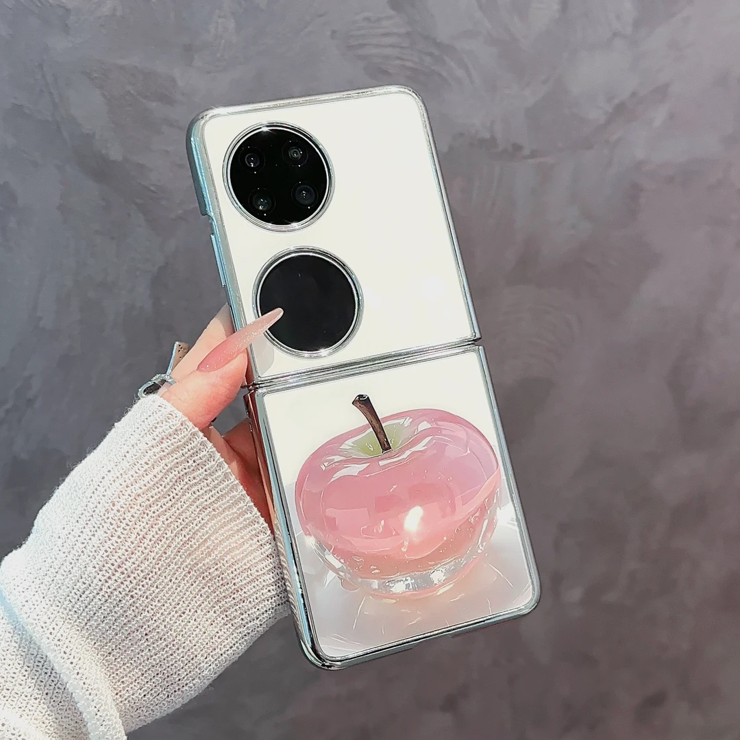 适用【华为P50POCKET】水晶苹果草莓电镀玻璃折叠防摔手机壳女款