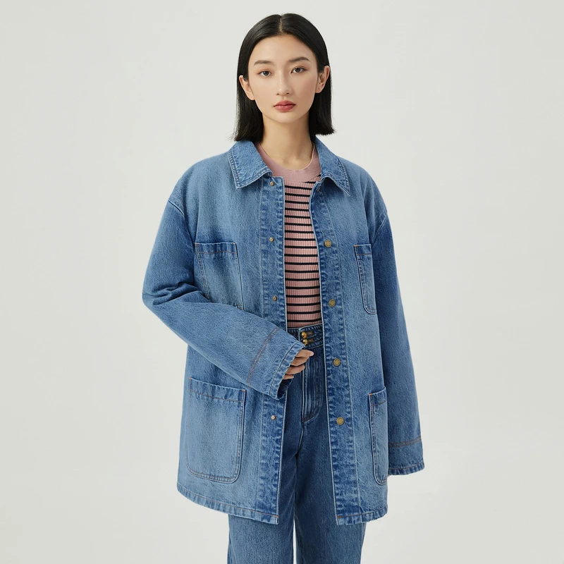 【直播专享】哥弟真的好休闲翻领牛仔外套拼色棉服女A400808