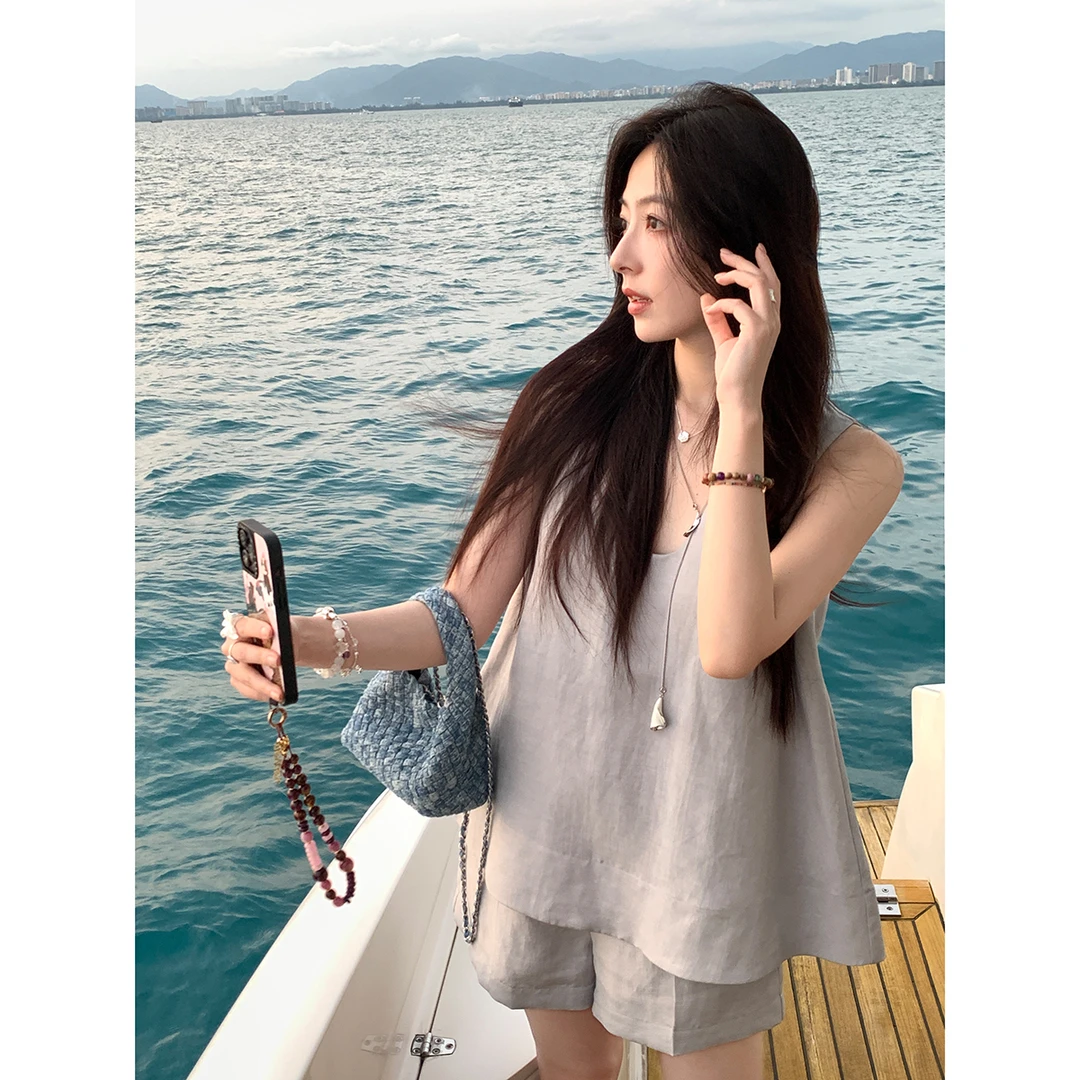 夏诗文 亚麻天丝莱赛尔v领无袖上衣/高腰显瘦短裤