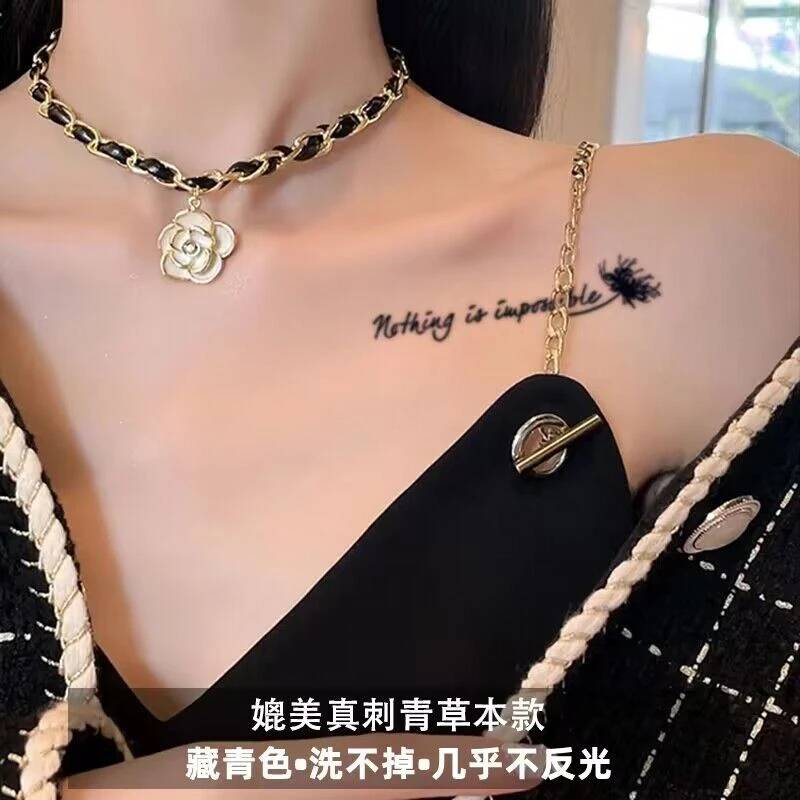 英文短句草本纹身贴果汁半永久草木防水持久性锁骨男女逼真彼岸花