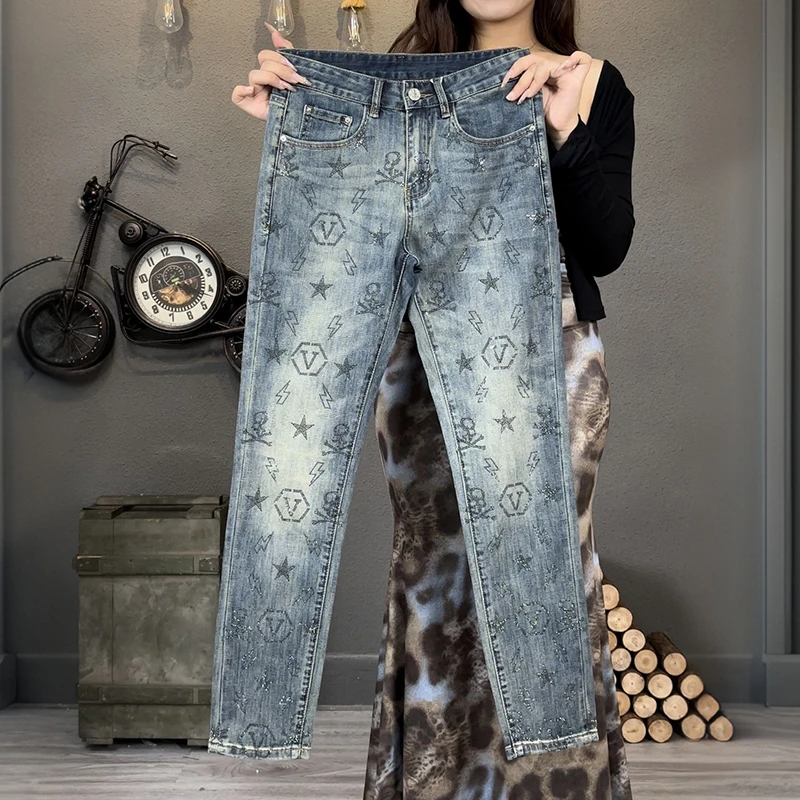 潮掌柜水洗牛仔裤微弹力百搭漂洗裤子牛仔裤烫钻弹力潮流牛仔长裤