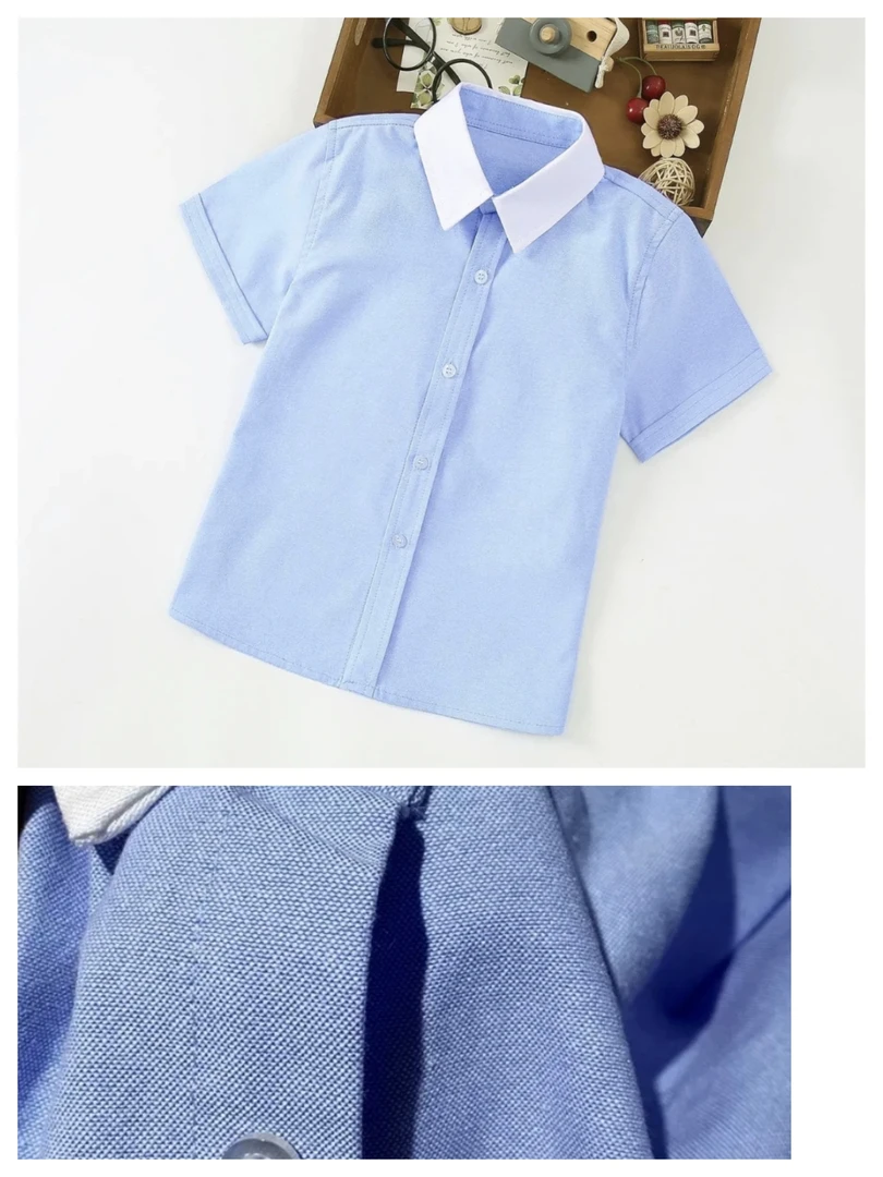 韩版短袖衬衫夏装男童装夏季纯色牛津纺蓝色衬衣中大童上衣薄款