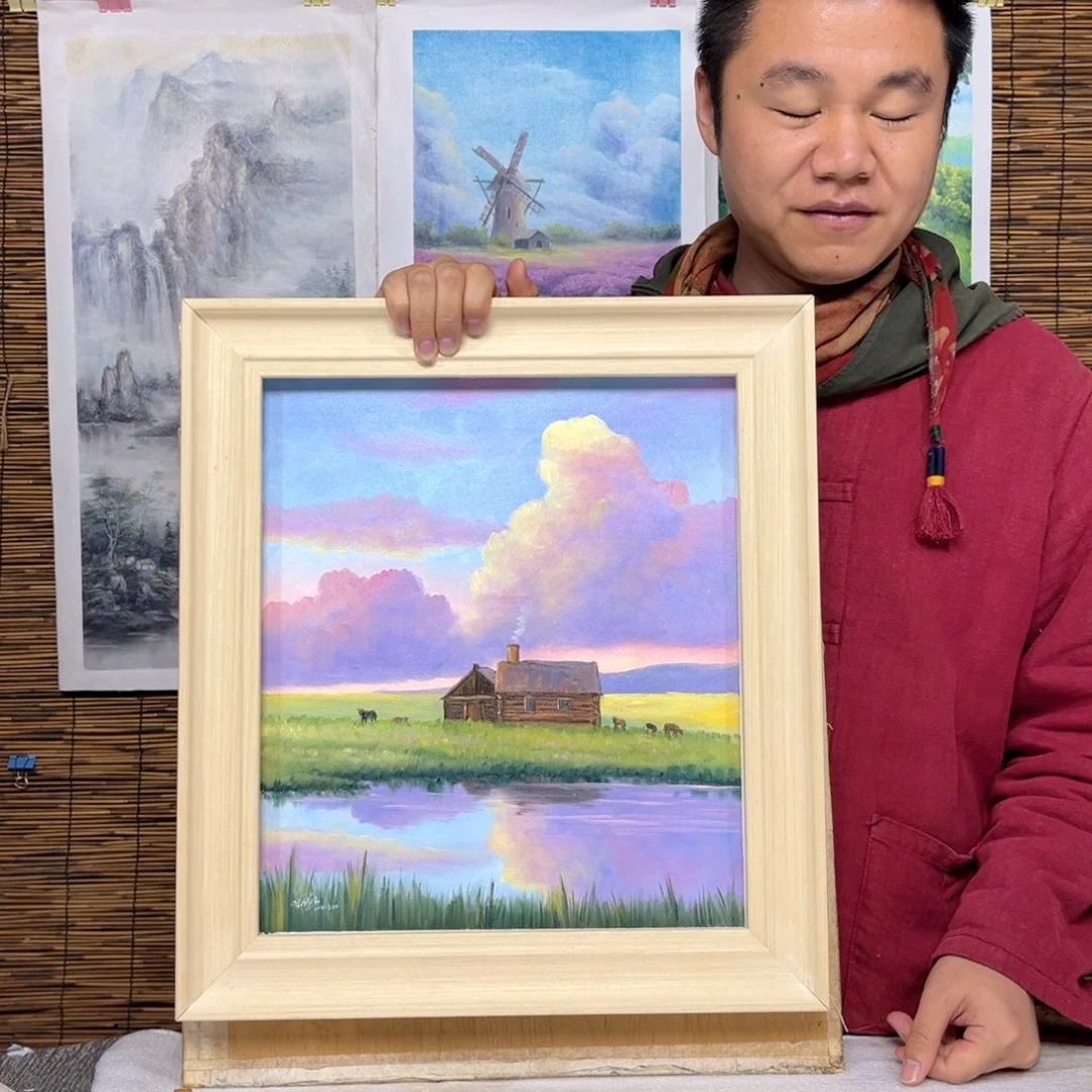 油画行路人小院绘画作品