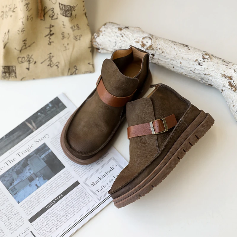 福利复古文艺短靴宽头头层牛皮女靴透气舒适真皮带扣秋冬短靴