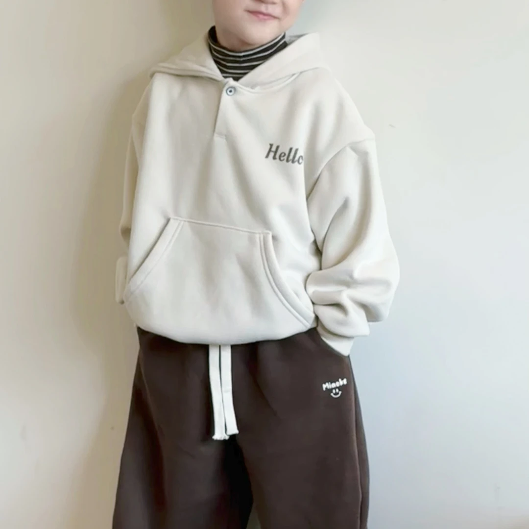 儿童休闲运动加绒加厚百搭秋冬季男女童字母卫衣简约韩版戴帽款