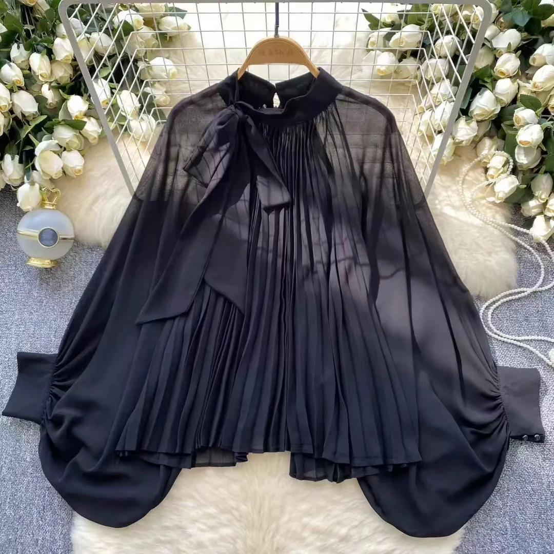 高级感百搭雪纺衫女洋气时髦绑带圆领蝙蝠袖衬衫潮8126