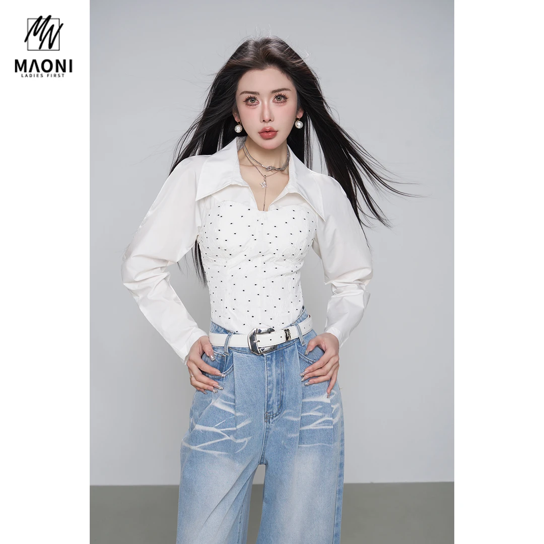 毛妮Peshe【波点抹胸鱼骨衬衫】收腰拼接设计感Polo领长袖春L1469