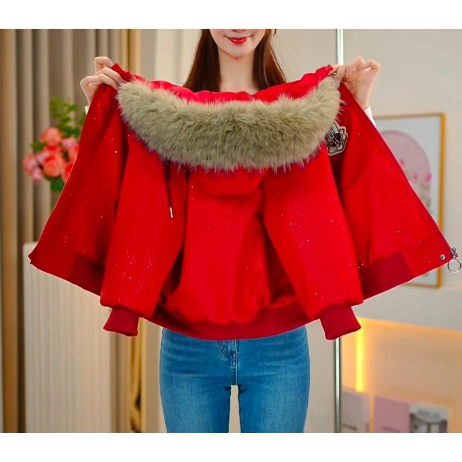 【佳琪妈】极寒系列女童红色小熊一件过冬连帽派克棉服外套-7180#