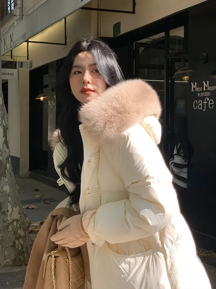 原版正品90白鸭绒真毛领2024新款羽绒服女中长款过膝厚款冬季