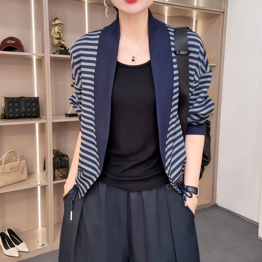 秋季气质慵懒风条纹撞色长袖外套女2025休闲百搭时尚柔软弹性上衣