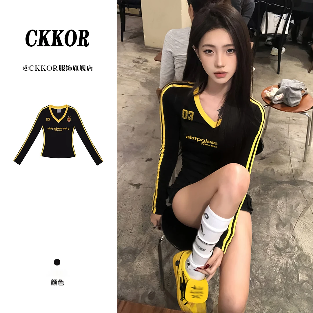 CKKOR春秋新款美式潮牌撞色V领长袖t恤女收腰显瘦辣妹穿搭上衣女