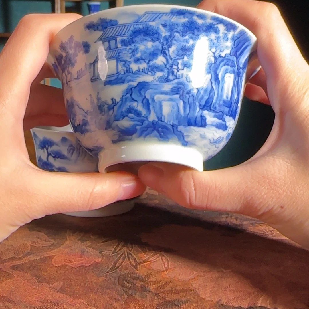 山水元宝两才盖碗手工手绘柴窑烧制