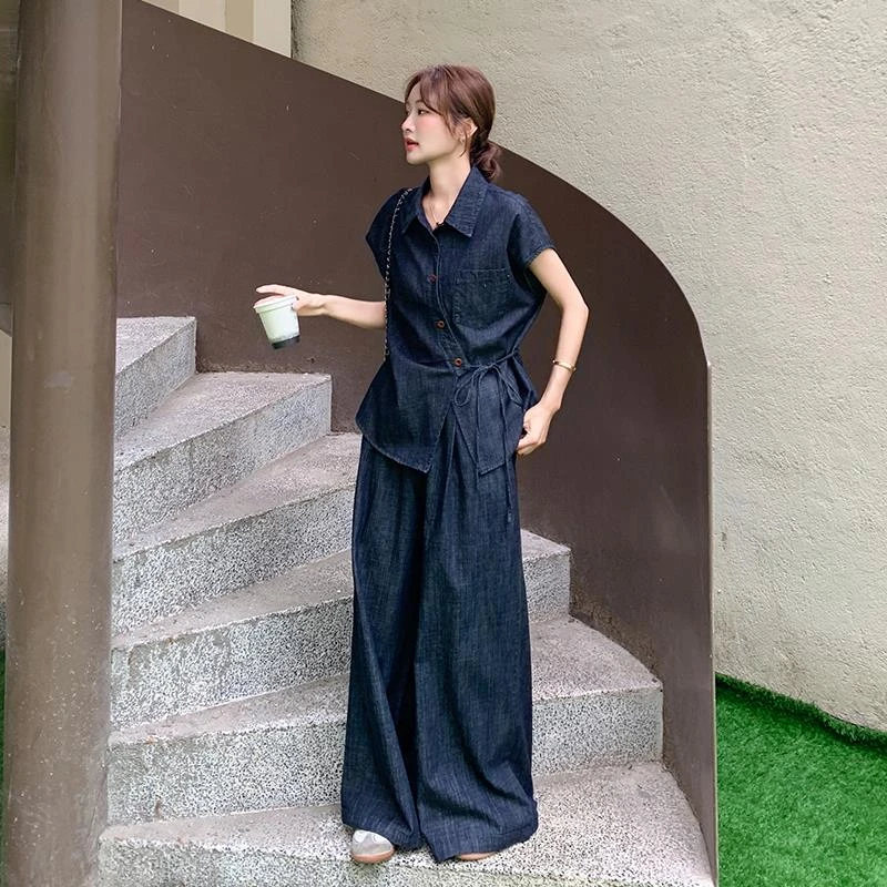 深蓝色牛仔衬衫阔腿裤两件套女2025夏季新款时尚独特绝美高腰套装