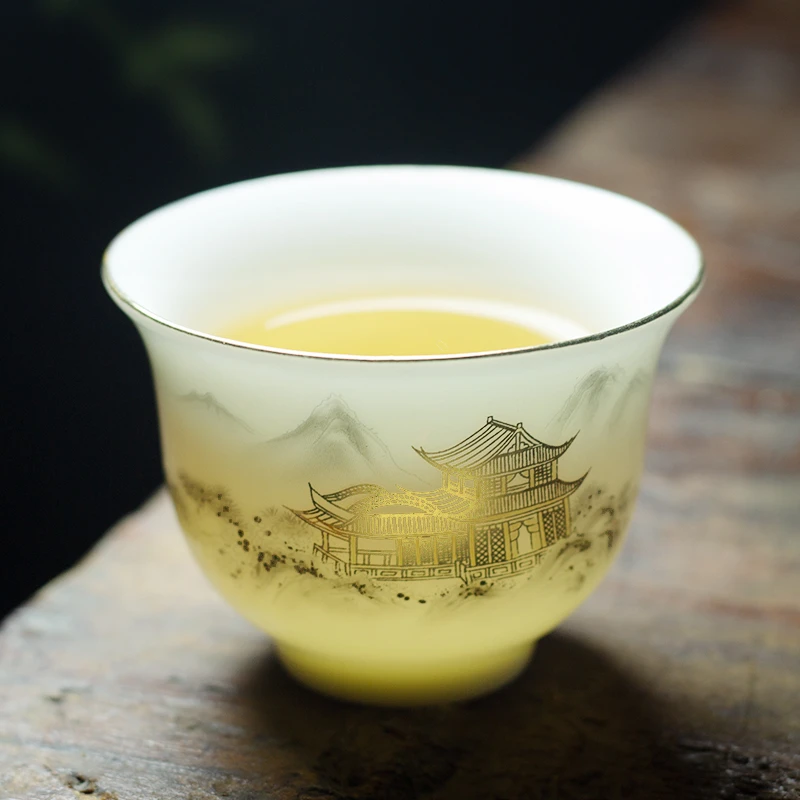 德化白瓷高档喝茶杯6只装陶瓷家用羊脂玉瓷描金防烫品茗杯铃铛杯