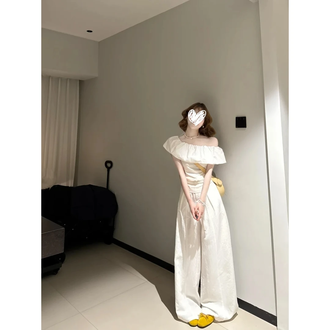 夏日荷叶边一字肩短袖上衣女高腰阔腿百搭休闲长裤时尚减龄套装