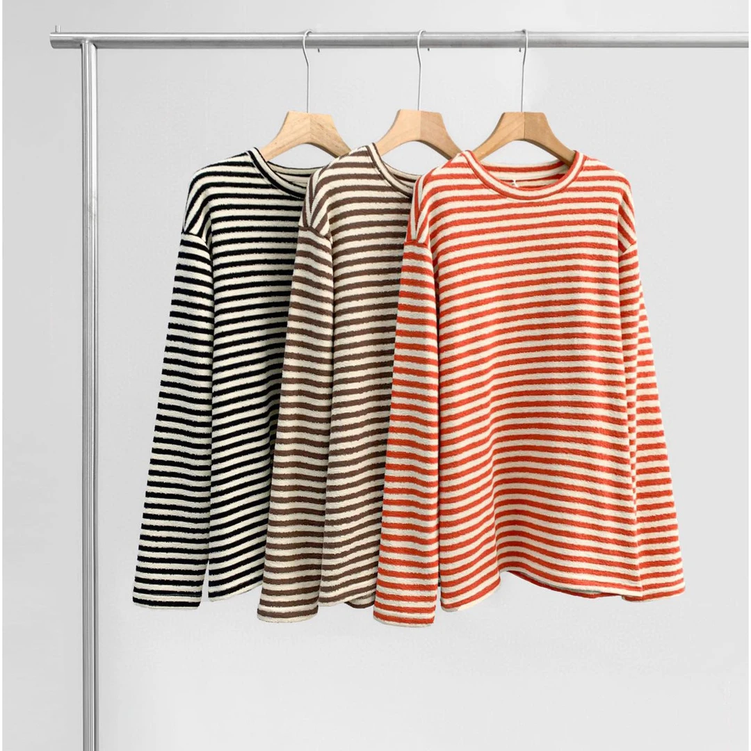 【环保棉圆领条纹长袖t恤】2024秋款廓形显瘦慵懒透气舒适上衣