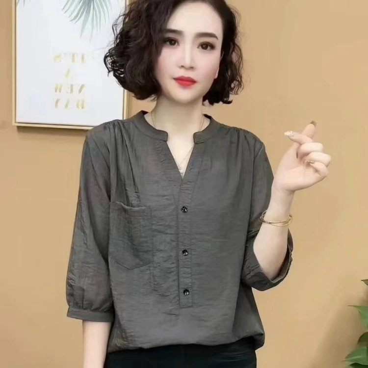 2025夏季新款麻料套头遮肉显瘦简约百搭大方时尚妈妈衬衣