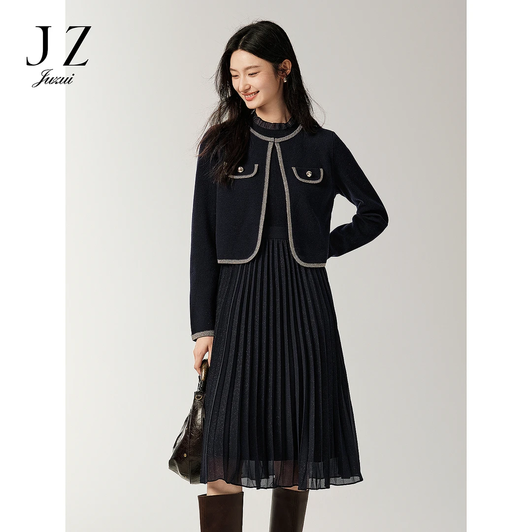 JUZUI玖姿优雅静奢风针梭相拼针织连衣裙女2025冬季新款JTFD31401
