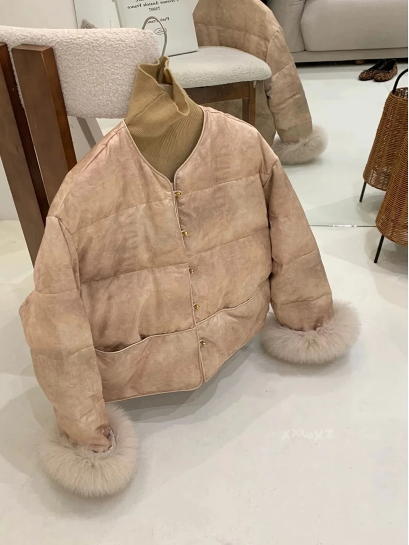 年货可拆卸狐狸毛袖口小众扣子提花羽绒服外套女冬季新中式国风