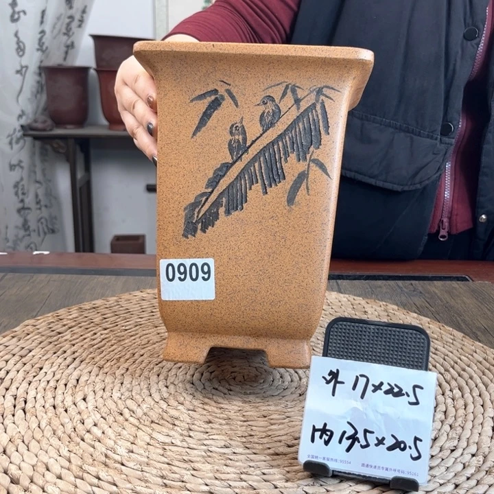 紫砂花盆柴烧芭蕉刻绘高四方0909